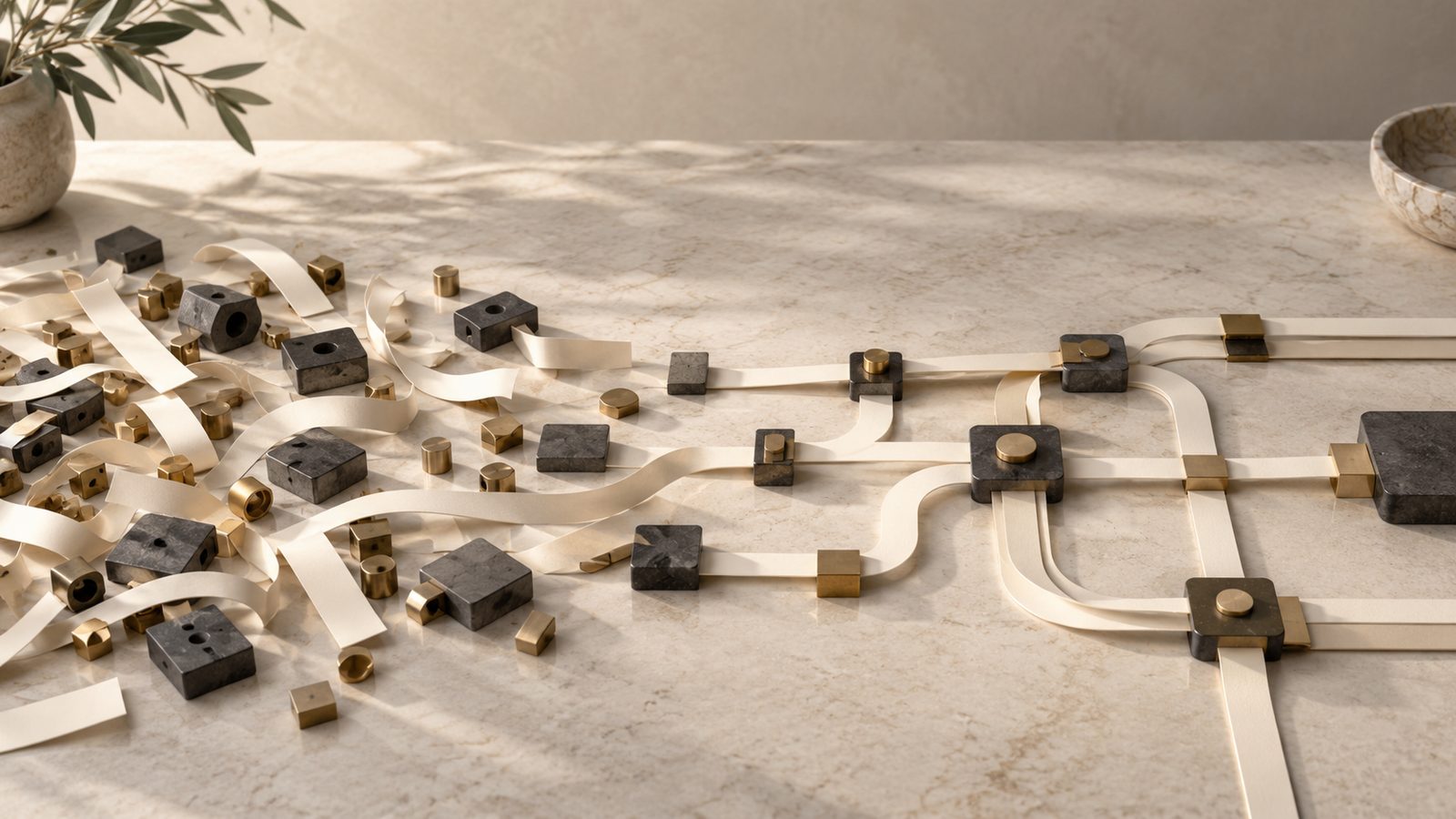 Stone blocks and brass pins scattered on a marble table on the left, resolving into an orderly track of connected blocks on the right