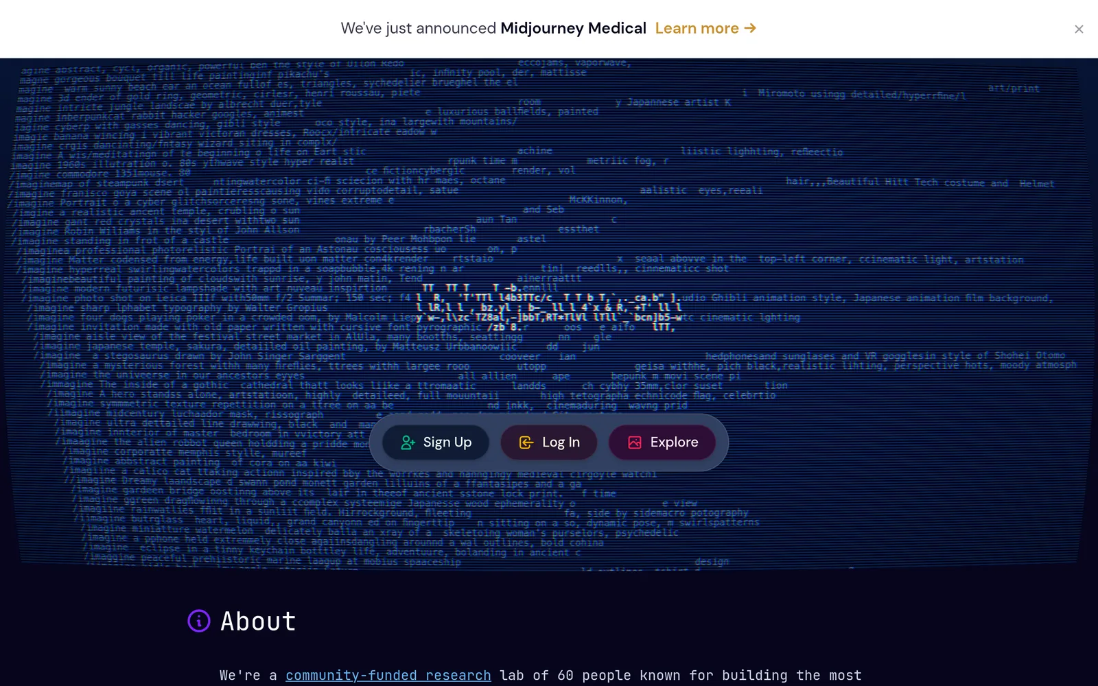 Midjourney AI image generation homepage