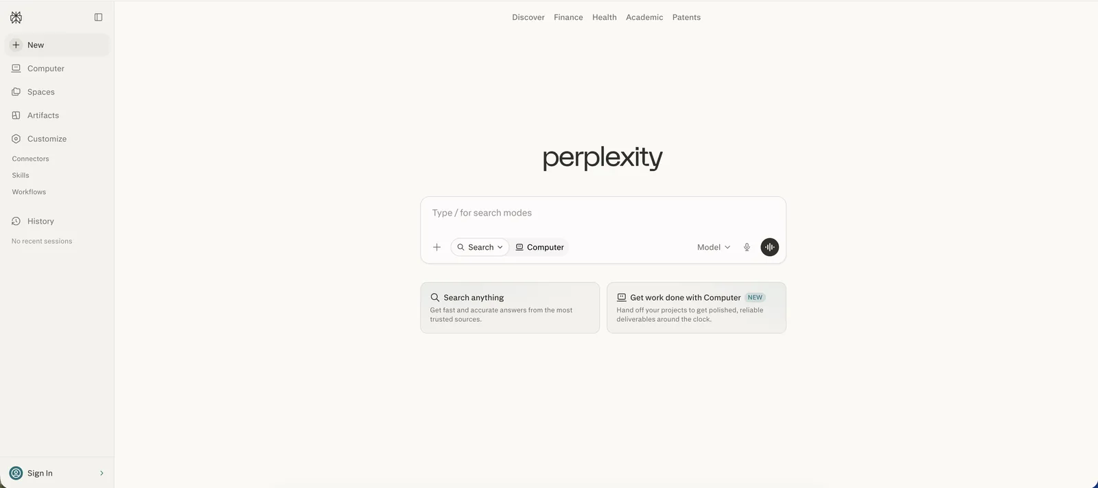 Perplexity AI search homepage