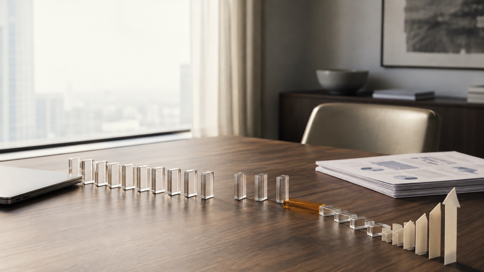 A row of clear domino blocks on a boardroom table, one amber block tipping the rest into a rising chart